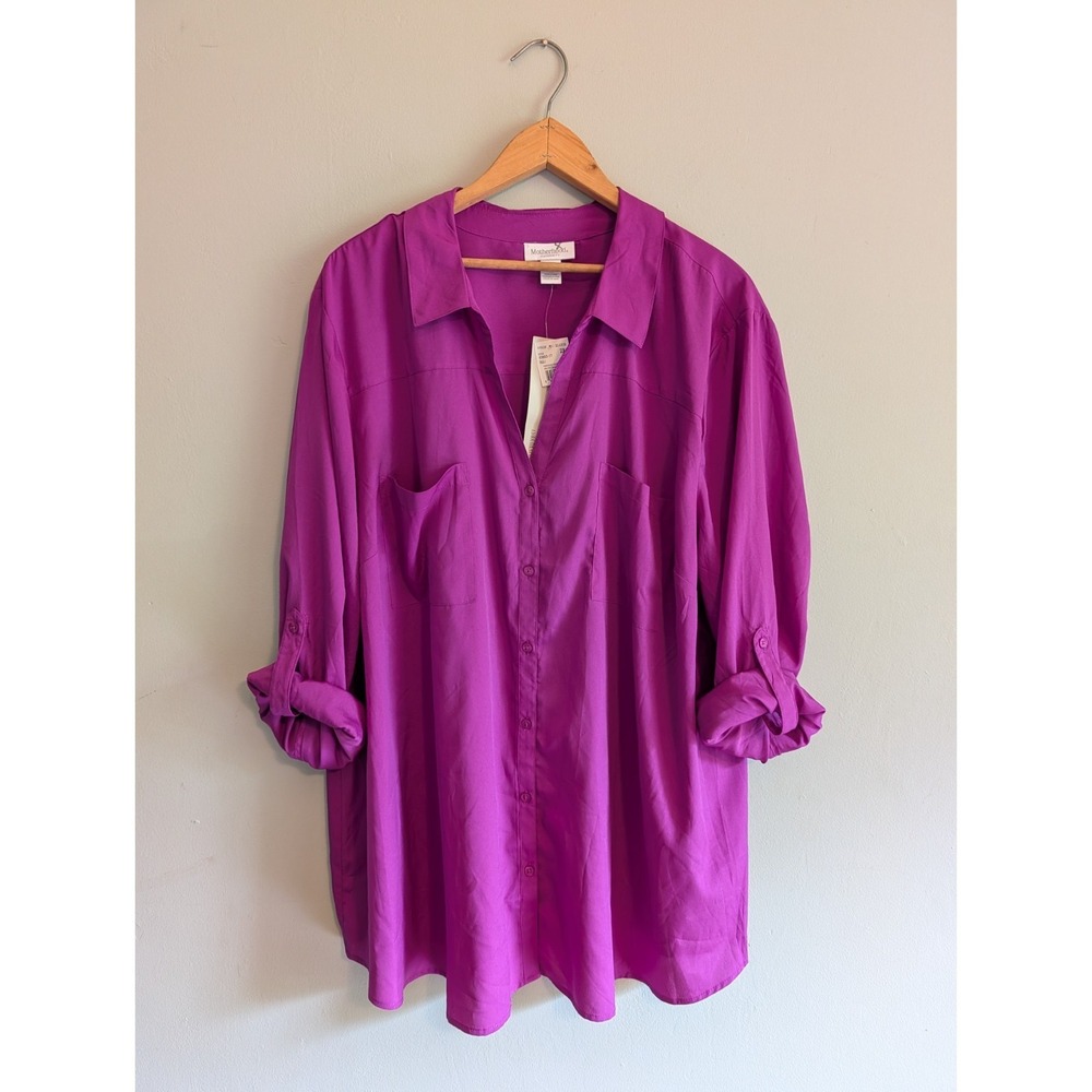 Motherhood Maternity Plus Blouse Button Up‎ Long Sleeve Roll Tab Fuchsia Career